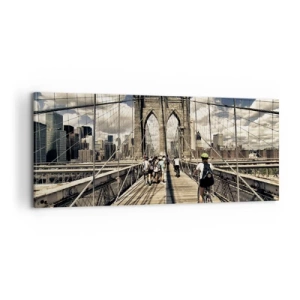 Cuadro sobre lienzo - Impresión de Imagen - Puente de Brooklyn con vista de peatones y ciclistas - 120x50cm - En el corazón de la ciudad - Decoración de pared moderna para salón y dormitorio ARTTOR