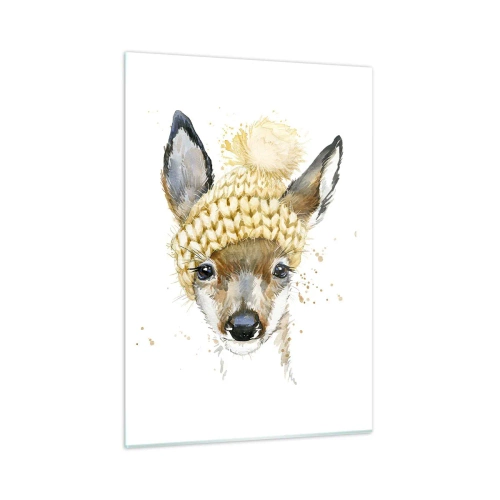 Cuadro sobre vidrio - Impresiones sobre Vidrio - Un corzo con un gorro de lana y pompón. - 50x70cm - Para el invierno en un bosque nevado - Decoración de pared moderna para salón y dormitorio ARTTOR