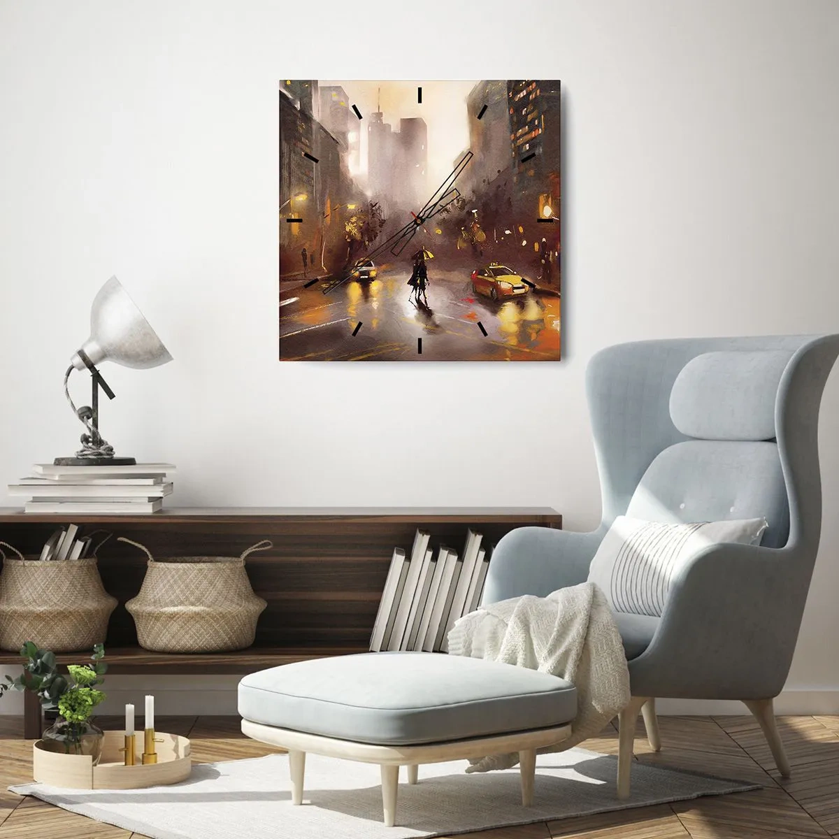 Reloj de pared - Reloj de vidrio - Una escena urbana nocturna a la luz de las farolas y los reflejos en una calle mojada. - 30x30cm - En las luces de Nueva York - Decoración de pared moderna para salón y dormitorio ARTTOR