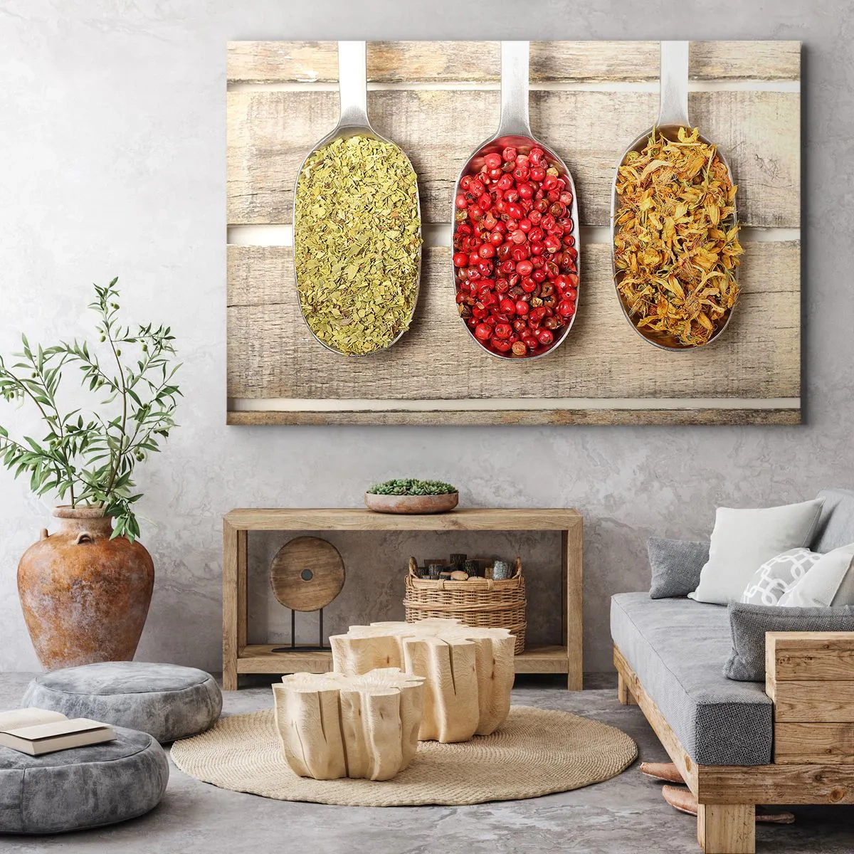 Cuadro sobre lienzo - Impresión de Imagen - Tres cucharas de metal con especias sobre un fondo de madera. - 70x50cm - La magia de la cocina - Decoración de pared moderna para salón y dormitorio ARTTOR