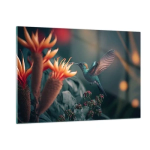 Cuadro sobre vidrio - Impresiones sobre Vidrio - Un colibrí vuela sobre flores exóticas entre las hojas. - 120x80cm - Una vida verdaderamente colorida - Decoración de pared moderna para salón y dormitorio ARTTOR
