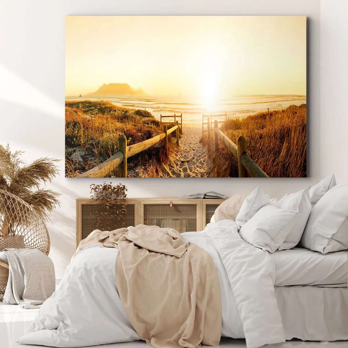 Cuadro sobre lienzo - Impresión de Imagen - Camino a la playa durante un atardecer dorado - 100x70cm - A través de la duna, hacia el sol - Decoración de pared moderna para salón y dormitorio ARTTOR