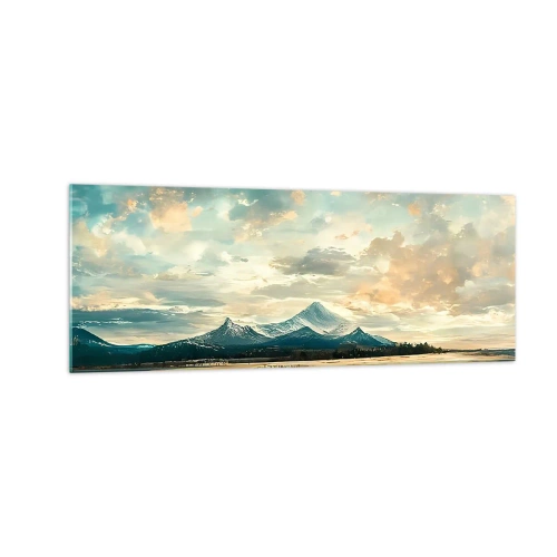 Cuadro sobre vidrio - Impresiones sobre Vidrio - Un paisaje pintoresco con una montaña y un lago tranquilo. - 140x50cm - Bajo la protección del cielo - Decoración de pared moderna para salón y dormitorio ARTTOR
