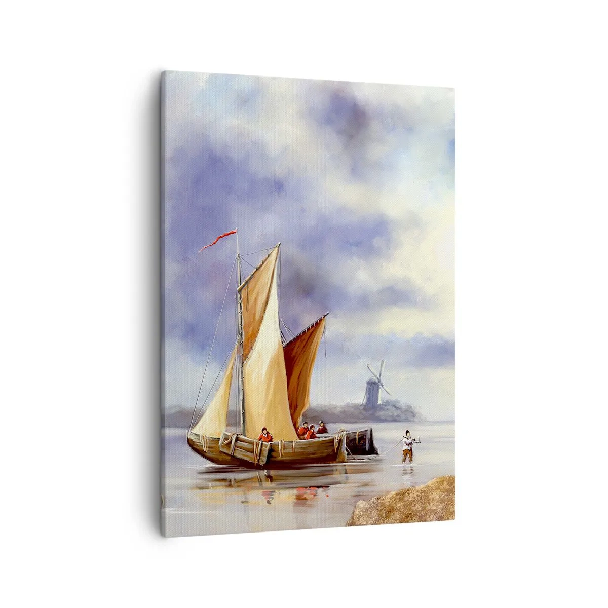 Cuadro sobre lienzo - Impresión de Imagen - Veleros en aguas tranquilas con molinos de viento al fondo - 50x70cm - El regreso de los marineros - Decoración de pared moderna para salón y dormitorio ARTTOR
