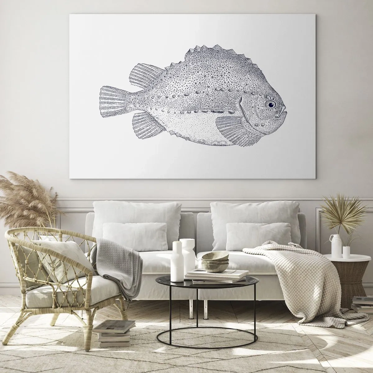 Cuadro sobre vidrio - Impresiones sobre Vidrio - Grabado detallado de un pez sobre un fondo blanco en estilo naturaleza. - 70x50cm - Para el álbum del naturalista - Decoración de pared moderna para salón y dormitorio ARTTOR