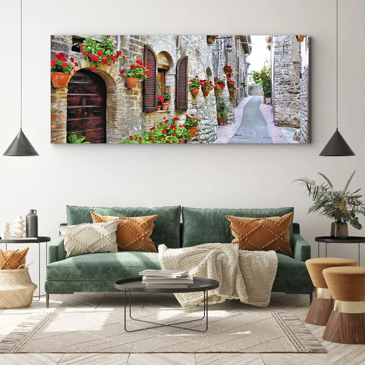 Cuadro sobre lienzo - Impresión de Imagen - Una calle estrecha con edificios de piedra decorados con macetas. - 140x50cm - Ambiente italiano - Decoración de pared moderna para salón y dormitorio ARTTOR