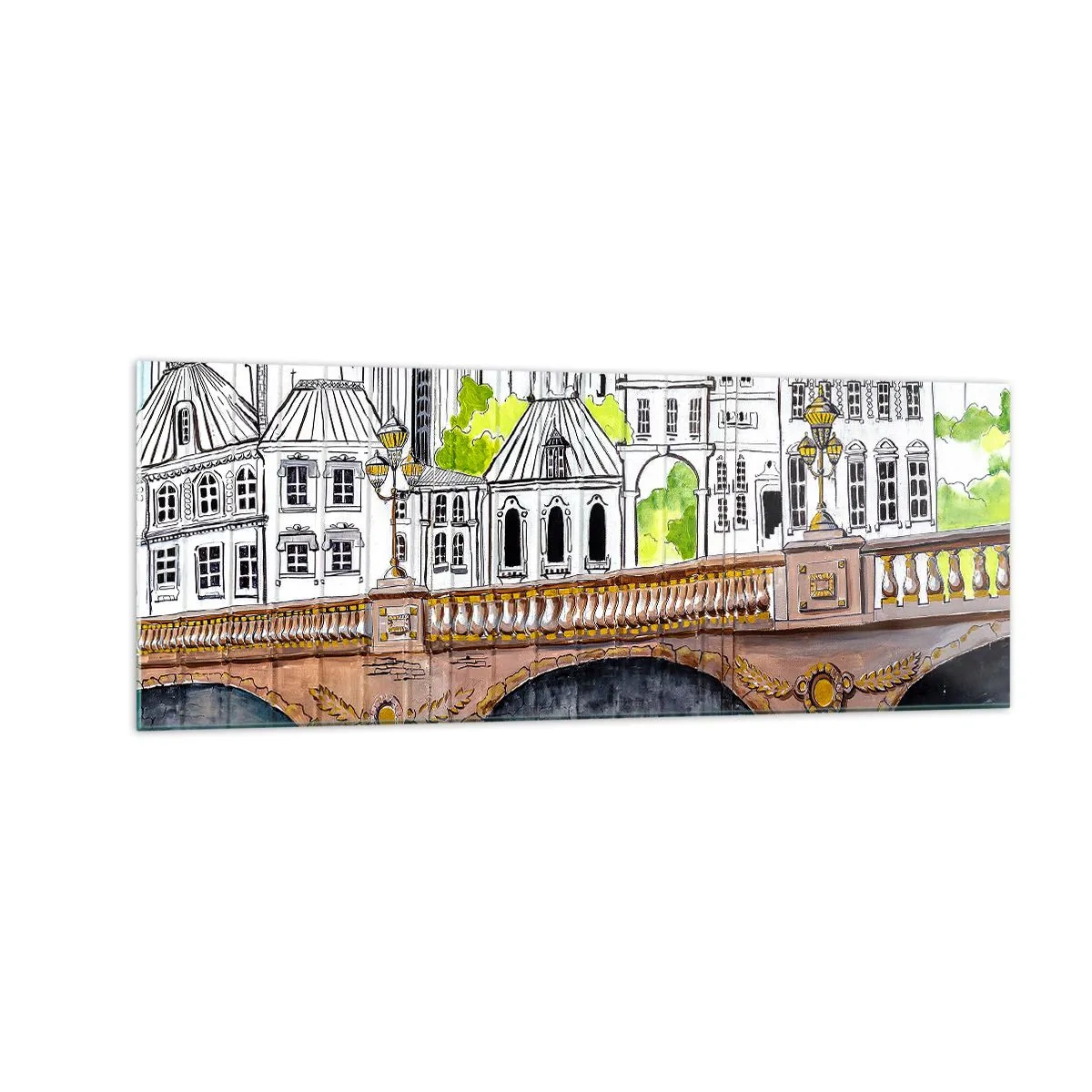 Cuadro sobre vidrio - Impresiones sobre Vidrio - Dibujo del puente y arquitectura urbana histórica - 140x50cm - Una ciudad de dibujo - Decoración de pared moderna para salón y dormitorio ARTTOR