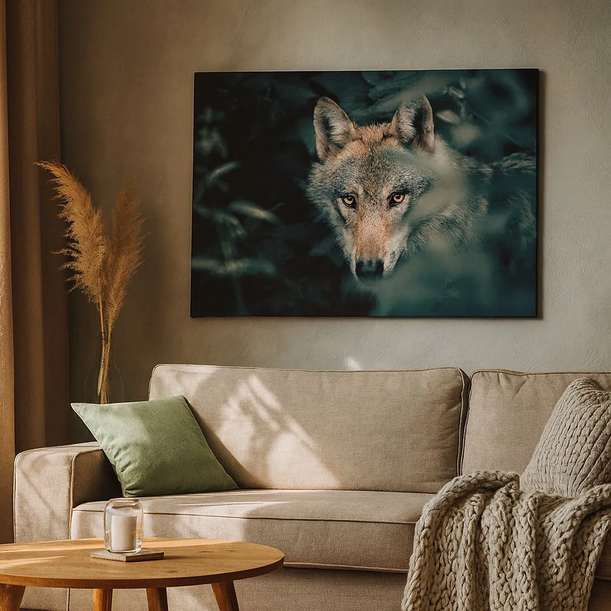 Cuadro sobre lienzo - Impresión de Imagen - Un lobo en su entorno natural, mirando desde las profundidades del bosque. - 70x50cm - Cazador - Decoración de pared moderna para salón y dormitorio ARTTOR