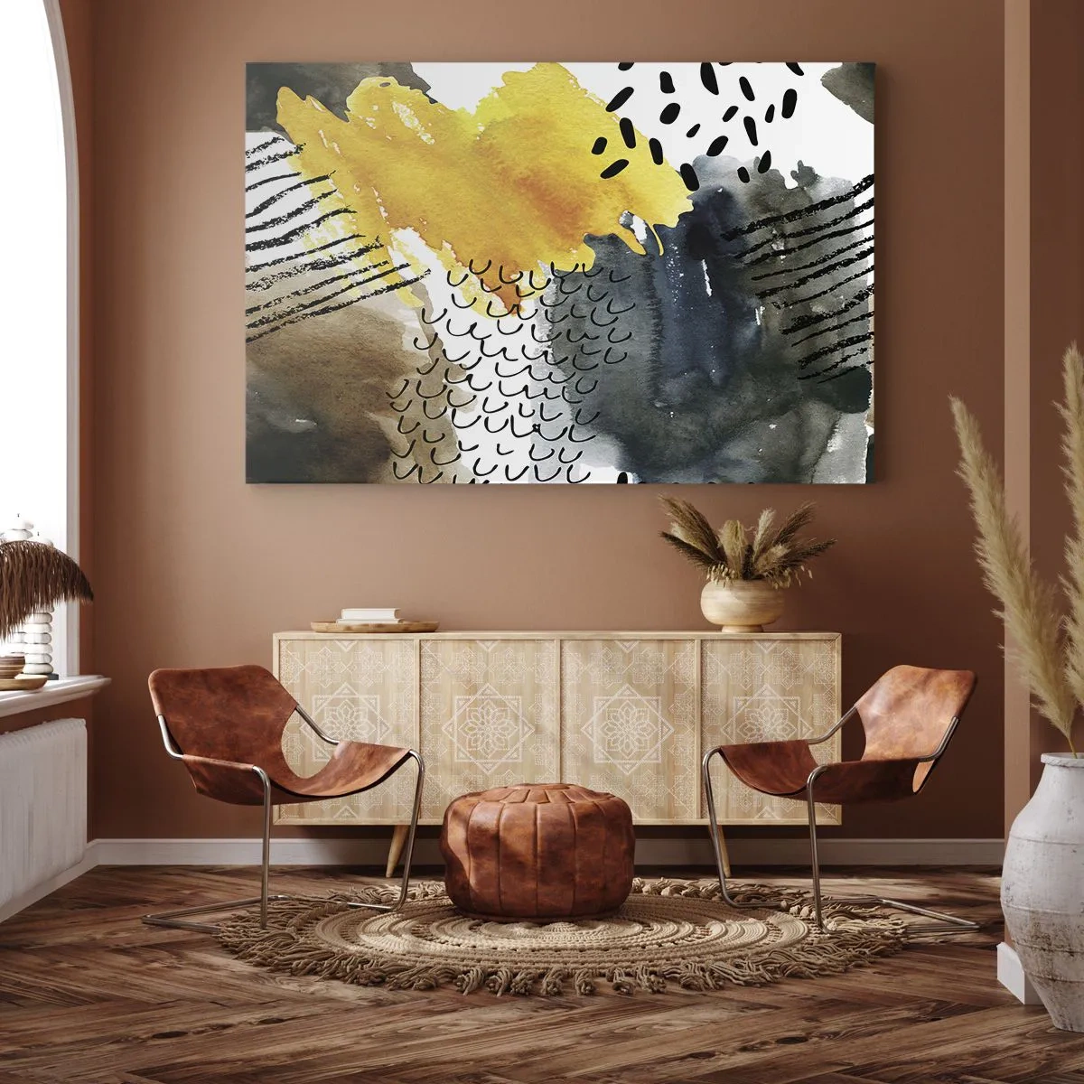 Cuadro sobre lienzo - Impresión de Imagen - Una composición abstracta con acentos amarillos y patrones gráficos. - 100x70cm - Reunión de los elementos - Decoración de pared moderna para salón y dormitorio ARTTOR