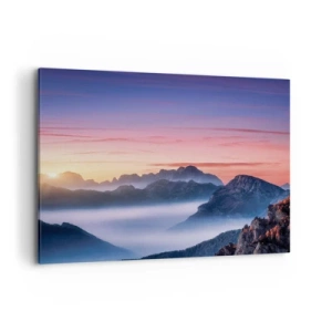 Cuadro sobre lienzo - Impresión de Imagen - Paisaje de montaña al amanecer con niebla en los valles. - 100x70cm - Sobre los valles - Decoración de pared moderna para salón y dormitorio ARTTOR
