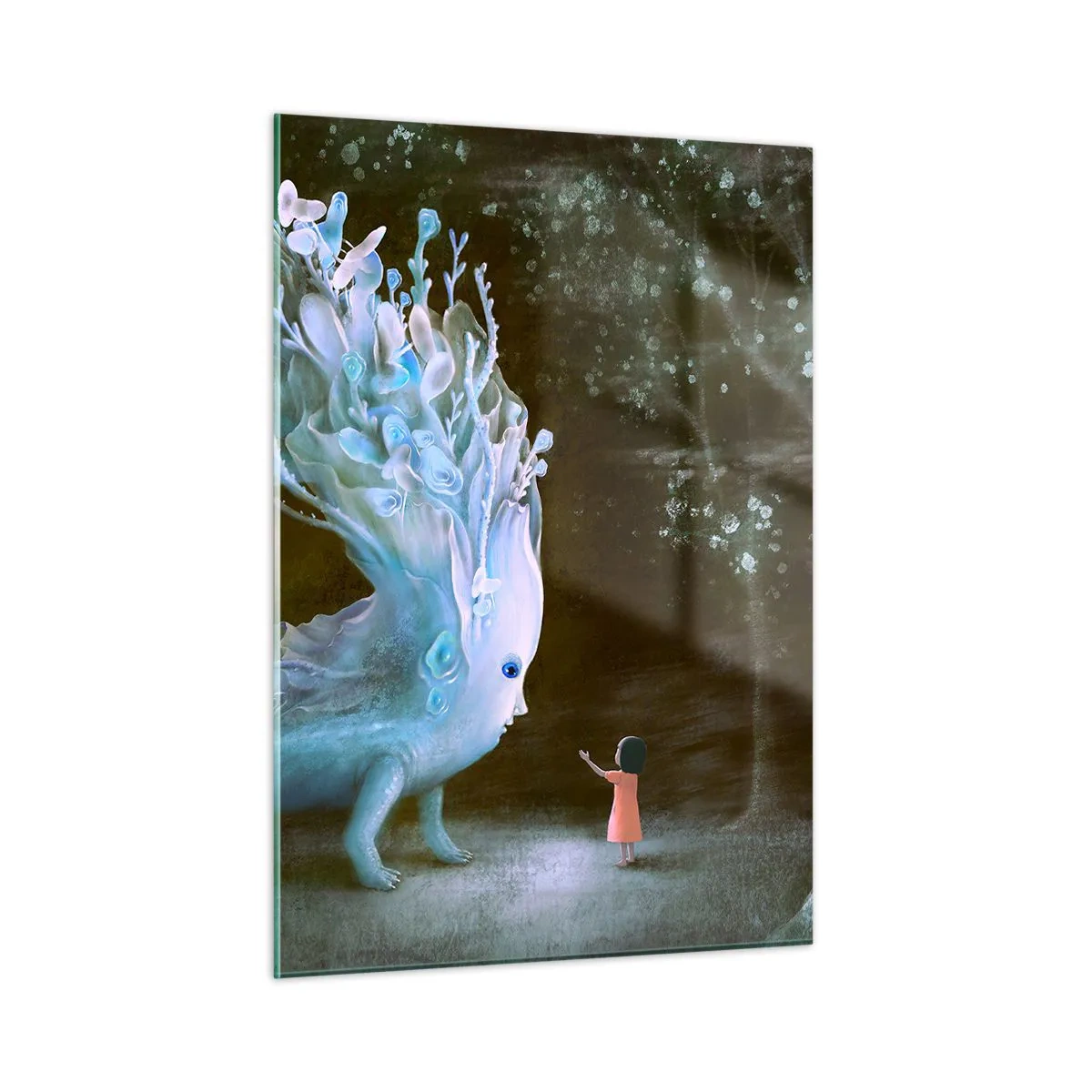 Cuadro sobre vidrio - Impresiones sobre Vidrio - Una niña se encuentra con una criatura mágica en el bosque. - 50x70cm - Una reunión fantástica - Decoración de pared moderna para salón y dormitorio ARTTOR