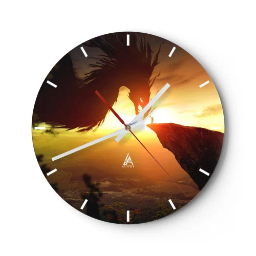 Reloj de pared - Reloj de vidrio - Un guerrero en un acantilado frente a un enorme dragón en la puesta de sol. - 30x30cm - Cazador de dragones - Decoración de pared moderna para salón, cocina y dormitorio ARTTOR