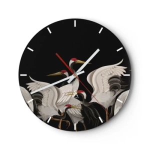 Reloj de pared - Reloj de vidrio - Un grupo de grullas sobre un fondo negro en una ilustración estilizada. - 30x30cm - Asuntos de aves - Decoración de pared moderna para salón, cocina y dormitorio ARTTOR