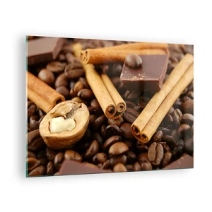 Cuadro sobre vidrio - Impresiones sobre Vidrio - Primer plano de café, canela, chocolate y nueces - 70x50cm - Concierto de aromas - Decoración de pared moderna para salón y dormitorio ARTTOR