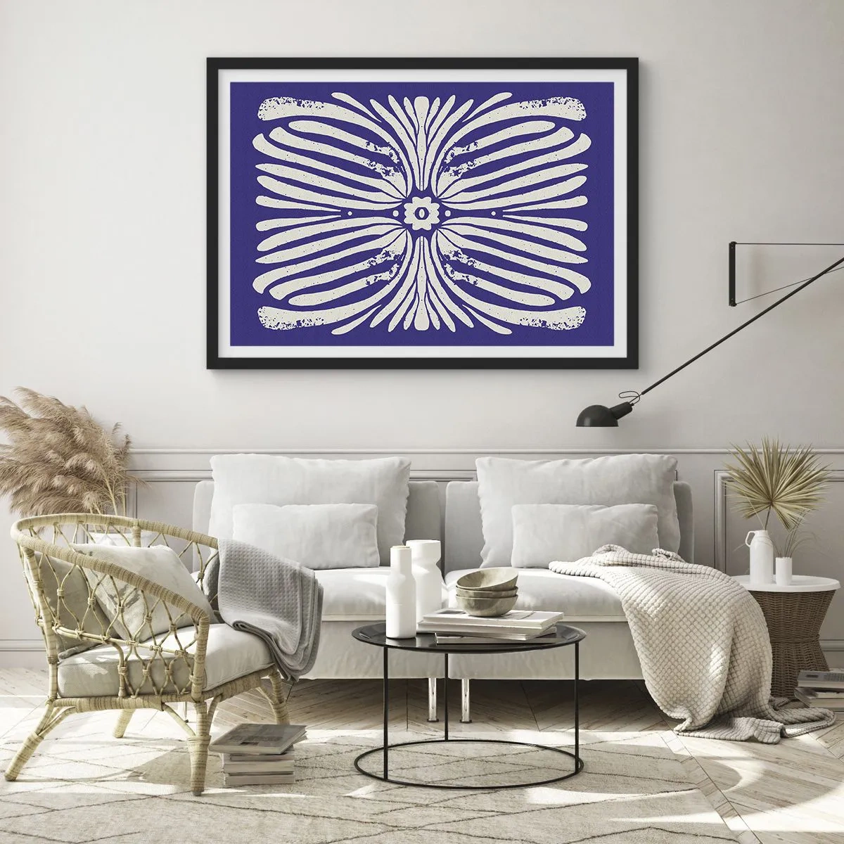 Póster en marco negro - Patrón étnico en tonos morados y blancos. - 70x50cm - Inspiraciones étnicas - Decoración de pared moderna para salón y dormitorio ARTTOR