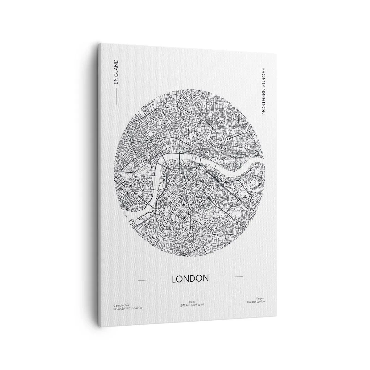 Cuadro sobre lienzo - Impresión de Imagen - Un mapa minimalista de Londres en blanco y negro con detalles precisos. - 50x70cm - Anatomía de Londres - Decoración de pared moderna para salón y dormitorio ARTTOR