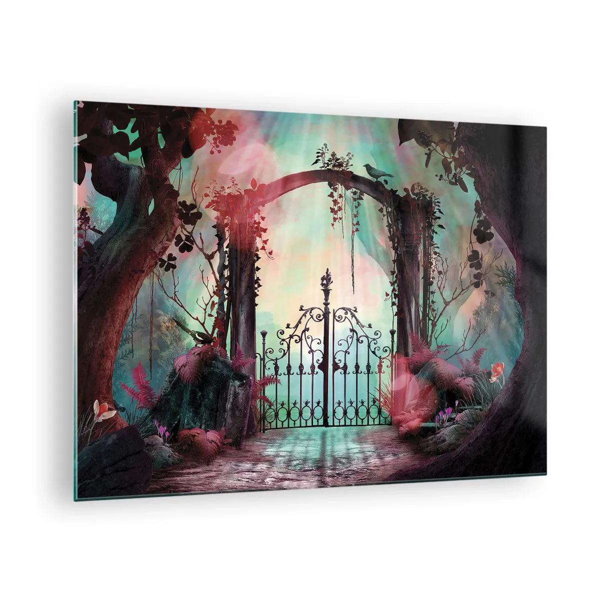 Cuadro sobre vidrio - Impresiones sobre Vidrio - Puertas mágicas en un bosque de cuento de hadas - 70x50cm - Jardín secreto - Decoración de pared moderna para salón y dormitorio ARTTOR