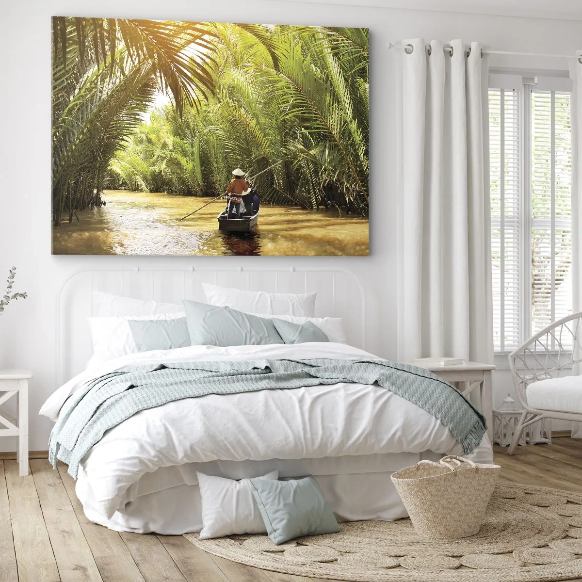 Cuadro sobre lienzo - Impresión de Imagen - Un barco en un río rodeado de vegetación tropical. - 120x80cm - En un túnel de palmeras - Decoración de pared moderna para salón y dormitorio ARTTOR