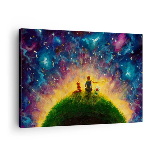 Cuadro sobre lienzo - Impresión de Imagen - Figuras en una colina verde rodeada de un cielo estrellado. - 70x50cm - Amor y amistad - lo único entero - Decoración de pared moderna para salón y dormitorio ARTTOR