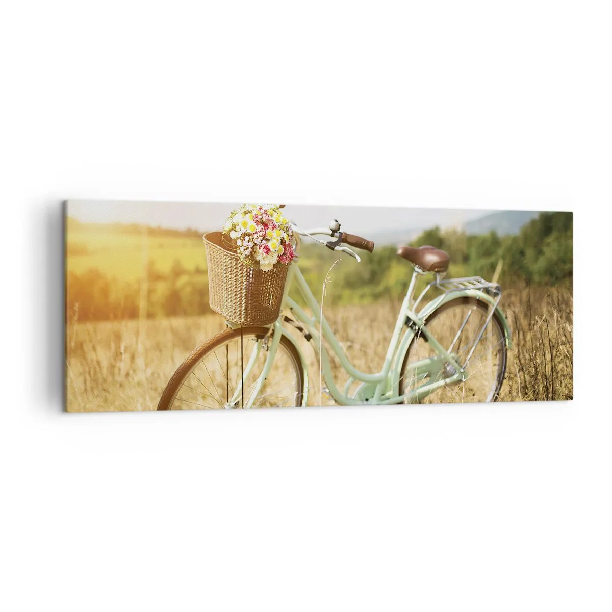Cuadro sobre lienzo - Impresión de Imagen - Una bicicleta retro con una cesta llena de flores sobre un fondo de pradera. - 140x50cm - Me quedaré aquí un tiempo - Decoración de pared moderna para salón y dormitorio ARTTOR