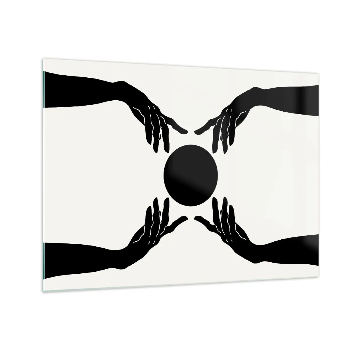 Cuadro sobre vidrio - Impresiones sobre Vidrio - Manos negras alrededor de un círculo negro sobre un fondo claro - 70x50cm - Una señal secreta - Decoración de pared moderna para salón y dormitorio ARTTOR