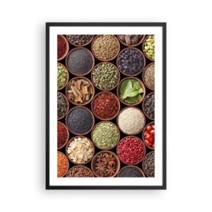Póster en marco negro - Especias de colores en pequeños cuencos de madera. - 50x70cm - Todos los sabores del mundo - Decoración de pared moderna para salón y dormitorio ARTTOR