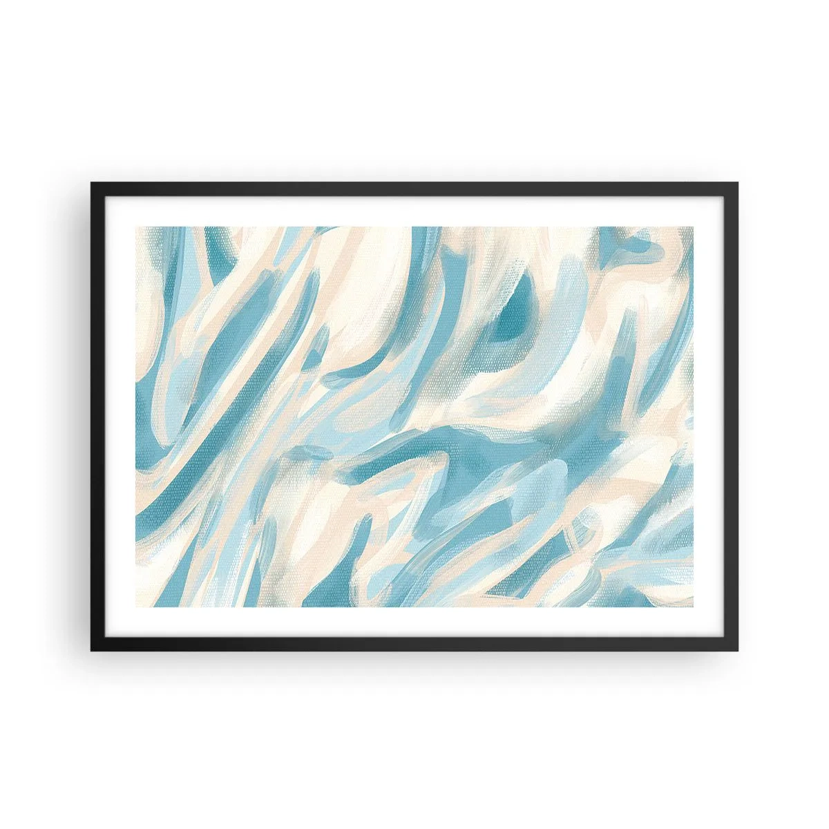 Póster en marco negro - Rayas azules abstractas sobre un fondo claro - 70x50cm - Brisas primaverales - Decoración de pared moderna para salón y dormitorio ARTTOR
