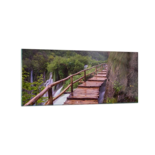 Cuadro sobre vidrio - Impresiones sobre Vidrio - Un puente con vistas a las cataratas al atardecer. - 120x50cm - Una belleza inimaginable - Decoración de pared moderna para salón y dormitorio ARTTOR