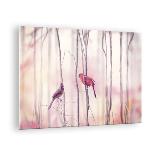 Cuadro sobre vidrio - Impresiones sobre Vidrio - Dos pájaros entre delicadas ramitas en tonos pastel - 70x50cm - Historia de un bosque rosa - Decoración de pared moderna para salón y dormitorio ARTTOR