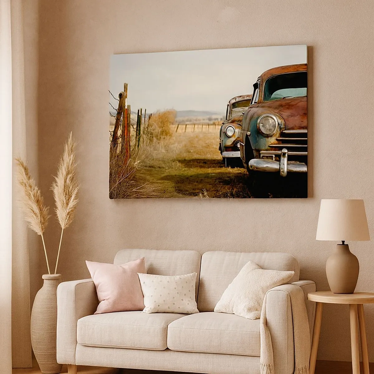 Cuadro sobre lienzo - Impresión de Imagen - Dos coches viejos en un camino de tierra junto a una valla de madera. - 70x50cm - Un merecido descanso - Decoración de pared moderna para salón y dormitorio ARTTOR