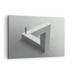 Cuadro sobre lienzo - Impresión de Imagen - Una figura parada sobre un triángulo de Penrose en tonos de gris. - 100x70cm - Y, sin embargo, es posible - Decoración de pared moderna para salón y dormitorio ARTTOR