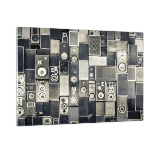 Cuadro sobre vidrio - Impresiones sobre Vidrio - Una composición de altavoces retro en tonos grises. - 120x80cm - Y todo fluye - Decoración de pared moderna para salón y dormitorio ARTTOR