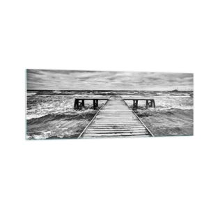 Cuadro sobre vidrio - Impresiones sobre Vidrio - Una vista en blanco y negro de un embarcadero de madera sobre un mar tempestuoso. - 140x50cm - Estoy esperando que sople el viento... - Decoración de pared moderna para salón y dormitorio ARTTOR