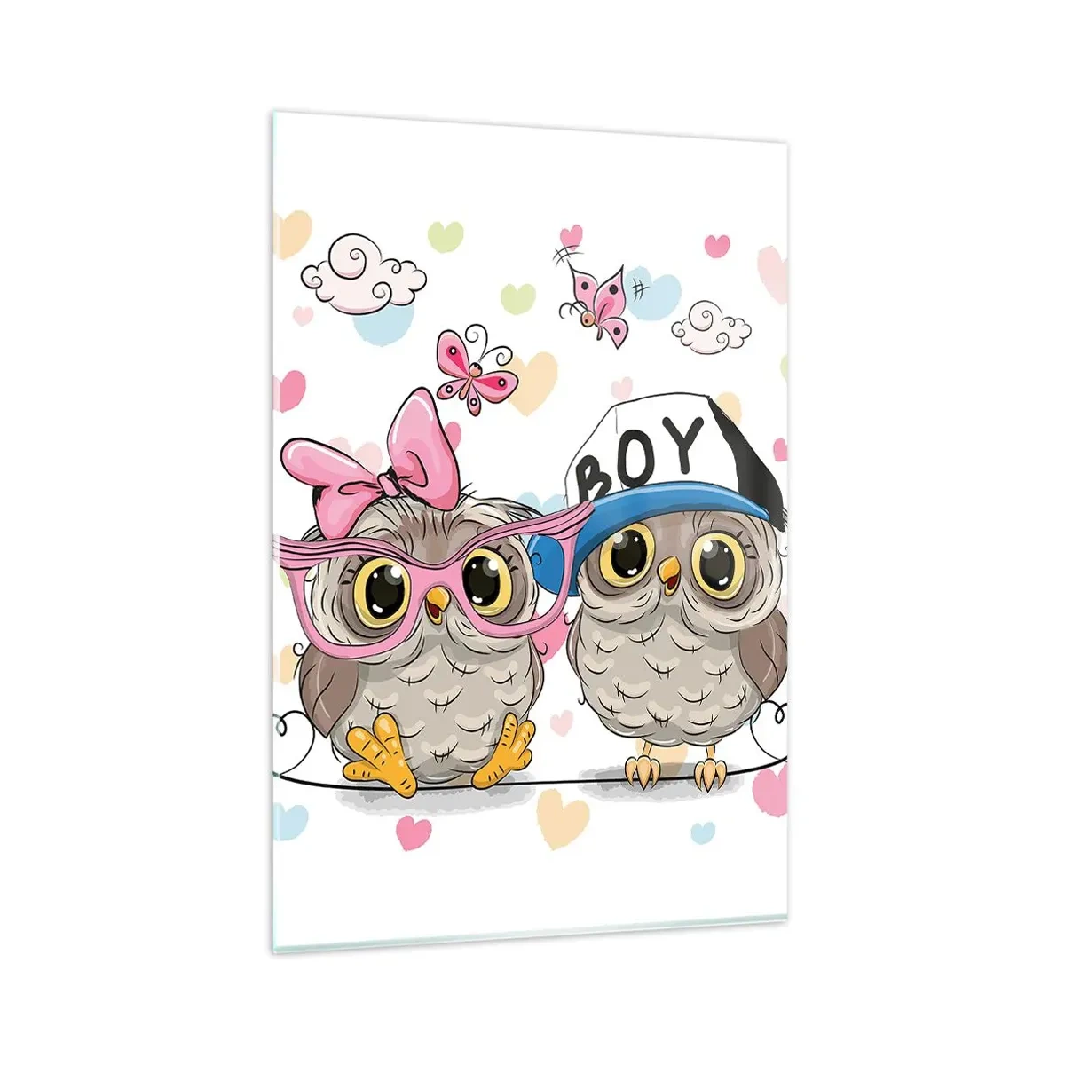 Cuadro sobre vidrio - Impresiones sobre Vidrio - Dos adorables búhos rodeados de corazones. - 80x120cm - El amor - Decoración de pared moderna para salón y dormitorio ARTTOR