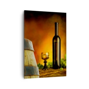 Cuadro sobre lienzo - Impresión de Imagen - Uvas en un barril de vino con un esquema de colores cálidos en el fondo. - 70x100cm - Bodegón con botella de vino y racimo de uvas - Decoración de pared moderna para salón y dormitorio ARTTOR