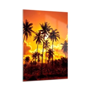 Cuadro sobre vidrio - Impresiones sobre Vidrio - Palmeras con el telón de fondo de una puesta de sol ardiente - 50x70cm - Las montañas arden, los bosques arden - Decoración de pared moderna para salón y dormitorio ARTTOR