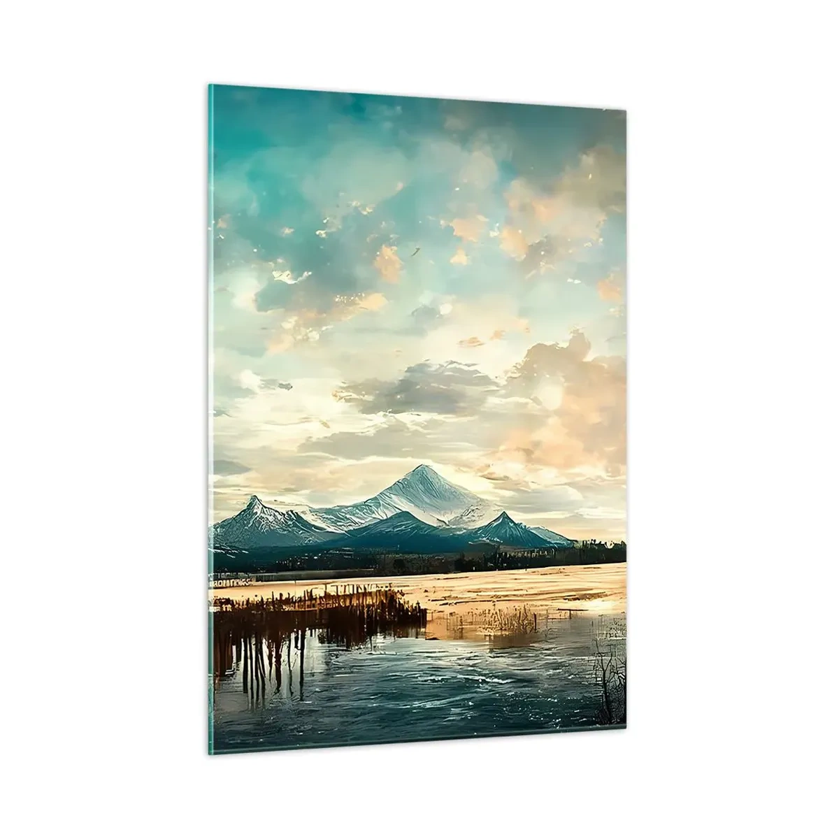 Cuadro sobre vidrio - Impresiones sobre Vidrio - Paisaje invernal con montañas y un lago congelado. - 50x70cm - Bajo la protección del cielo - Decoración de pared moderna para salón y dormitorio ARTTOR