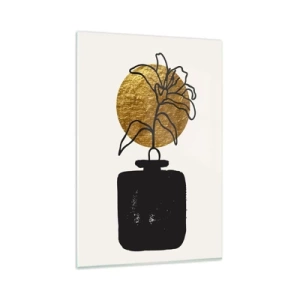 Cuadro sobre vidrio - Impresiones sobre Vidrio - Un dibujo de una flor en un jarrón sobre un fondo de círculo dorado. - 80x120cm - Belleza en equilibrio - Decoración de pared moderna para salón y dormitorio ARTTOR