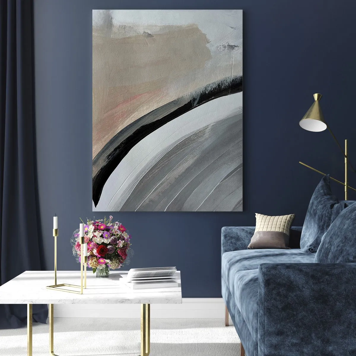 Cuadro sobre vidrio - Impresiones sobre Vidrio - Arco abstracto en tonos grises y negros - 50x70cm - Composición: un arco negro y gris - Decoración de pared moderna para salón y dormitorio ARTTOR