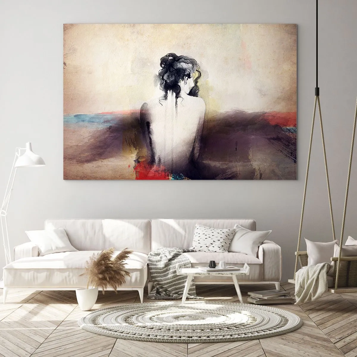 Cuadro sobre vidrio - Impresiones sobre Vidrio - Un retrato sutil de una mujer sobre un fondo de paisaje pastel. - 120x80cm - Líneas suaves, formas ovaladas - Decoración de pared moderna para salón y dormitorio ARTTOR