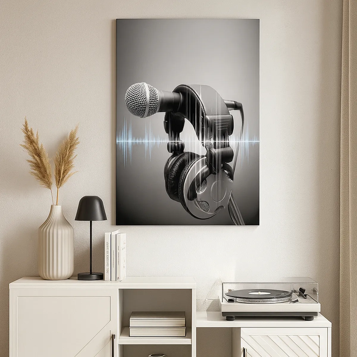 Cuadro sobre lienzo - Impresión de Imagen - Micrófono y auriculares con visualización de ondas sonoras de fondo. - 50x70cm - Todavía se puede escuchar el canto - Decoración de pared moderna para salón y dormitorio ARTTOR