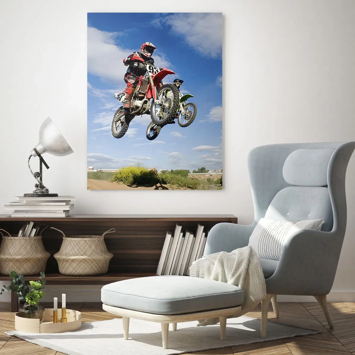 Cuadro sobre vidrio - Impresiones sobre Vidrio - Pilotos de motocross en el aire durante un salto - 70x100cm - Salto del cielo - Decoración de pared moderna para salón y dormitorio ARTTOR