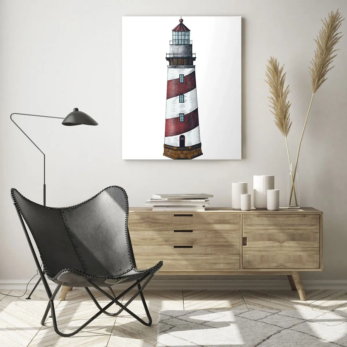 Cuadro sobre vidrio - Impresiones sobre Vidrio - Faro rojo y blanco sobre fondo blanco. - 50x70cm - Siempre en guardia - Decoración de pared moderna para salón y dormitorio ARTTOR