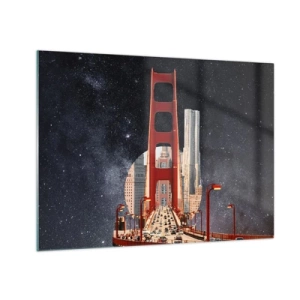 Cuadro sobre vidrio - Impresiones sobre Vidrio - Puente y rascacielos sobre un fondo de galaxia surrealista - 70x50cm - Siempre en el centro - Decoración de pared moderna para salón y dormitorio ARTTOR