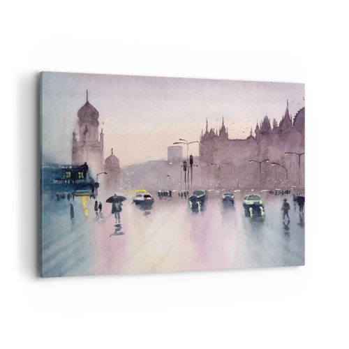 Cuadro sobre lienzo - Impresión de Imagen - Una calle de la ciudad al anochecer en estilo acuarela. - 100x70cm - En una niebla lluviosa - Decoración de pared moderna para salón y dormitorio ARTTOR