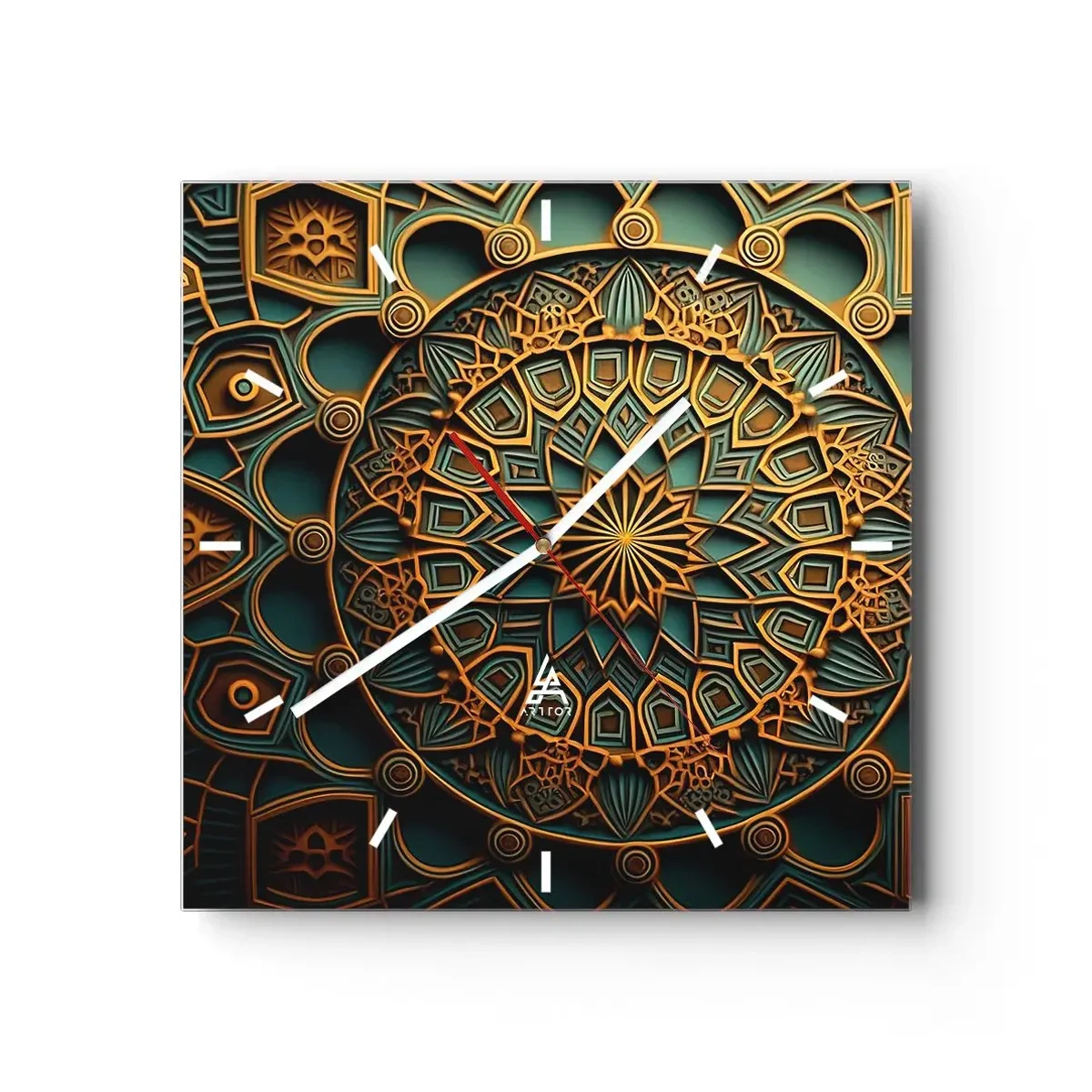 Reloj de pared - Reloj de vidrio - Un mandala dorado sobre un fondo turquesa con ricos detalles. - 30x30cm - En un clima árabe - Decoración de pared moderna para salón y dormitorio ARTTOR