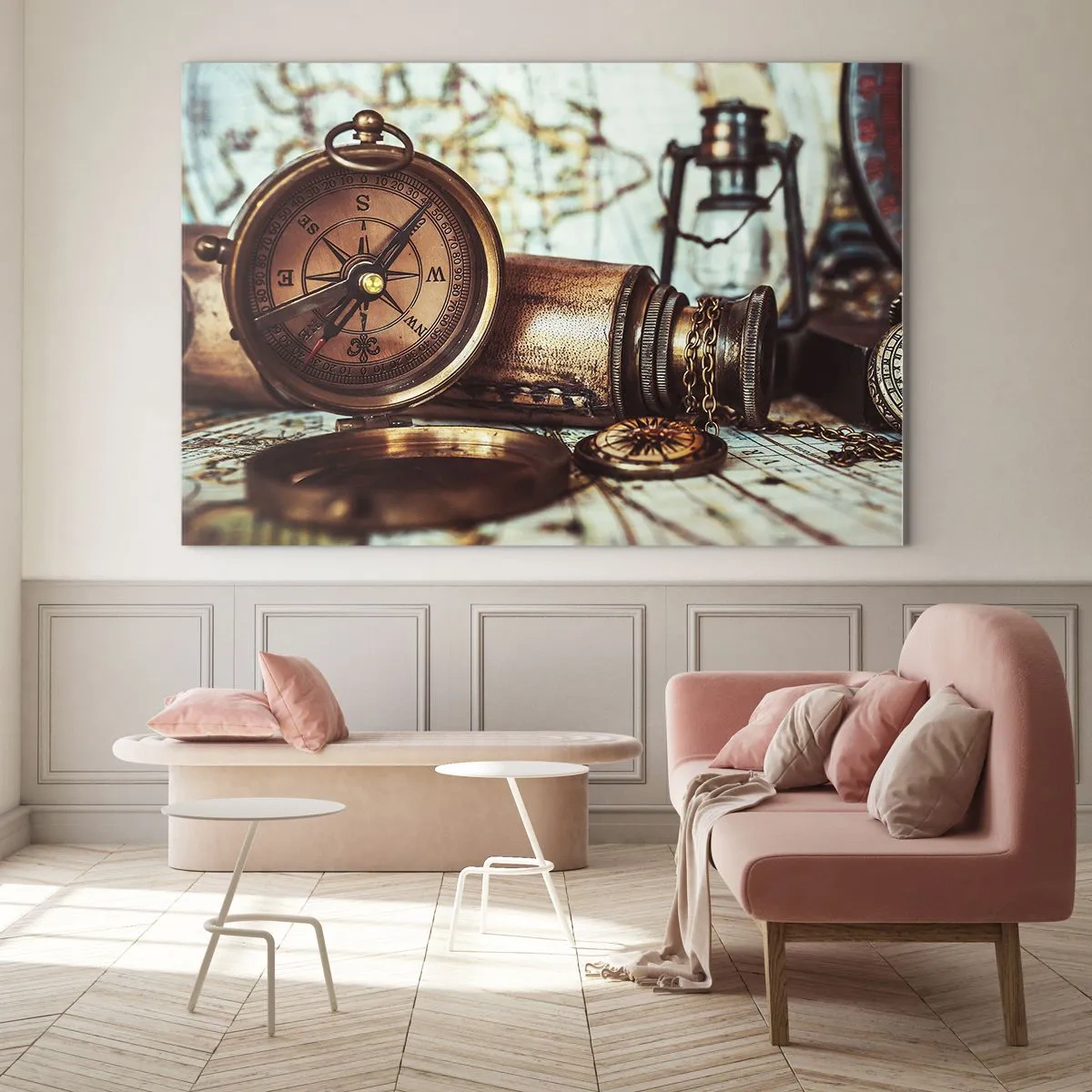 Cuadro sobre vidrio - Impresiones sobre Vidrio - Una brújula y un mapa antiguos con el telón de fondo de aventuras piratas. - 70x50cm - Te espera una aventura pirata en el Caribe - Decoración de pared moderna para salón y dormitorio ARTTOR