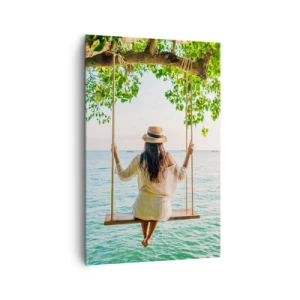 Cuadro sobre lienzo - Impresión de Imagen - Mujer en un columpio junto al mar en un paisaje tropical - 80x120cm - La vida es bella - Decoración de pared moderna para salón y dormitorio ARTTOR