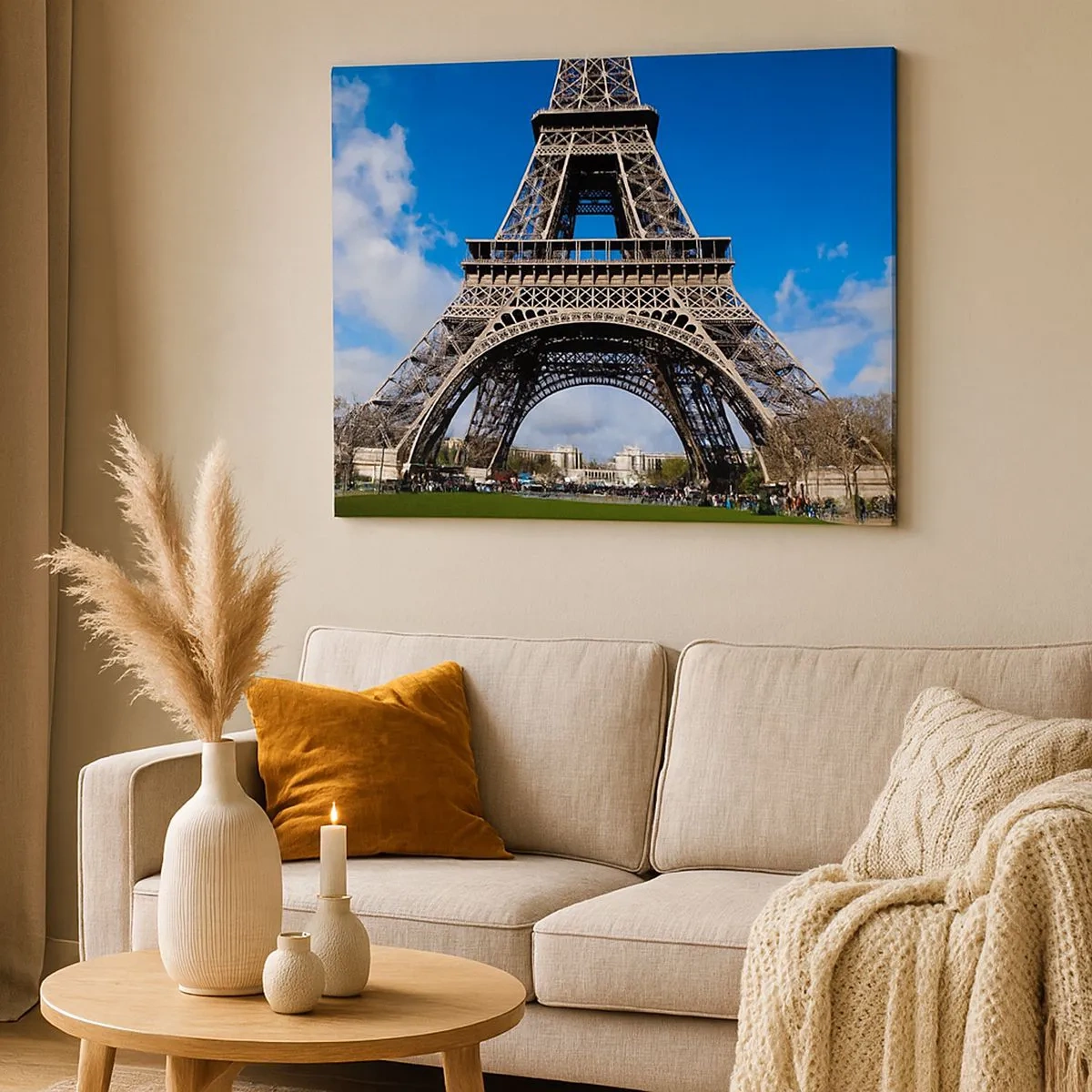 Cuadro sobre lienzo - Impresión de Imagen - La Torre Eiffel con el cielo azul y un parque verde como fondo. - 70x50cm - Todo París a sus pies - Decoración de pared moderna para salón y dormitorio ARTTOR