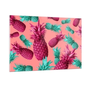 Cuadro sobre vidrio - Impresiones sobre Vidrio - Piñas de colores en tonos rosa y verde sobre un fondo rosa. - 120x80cm - La libertad es dulce - Decoración de pared moderna para salón y dormitorio ARTTOR